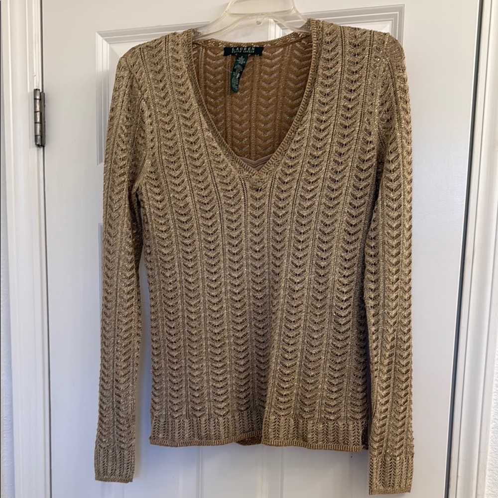 Ralph Lauren Tan V-Neck Sweater with Open-Knit Design